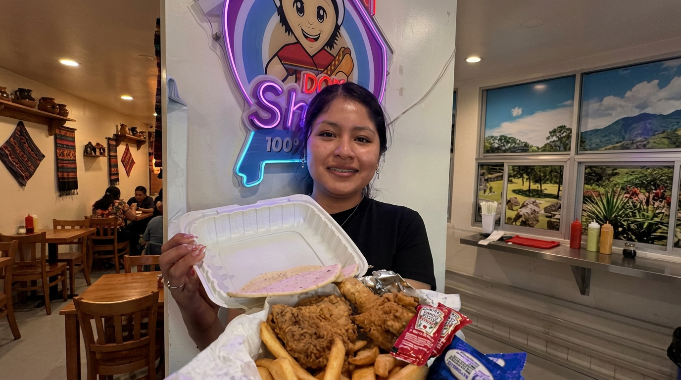 Una clienta con pollo frito y papas junto al rótulo de neón adentro